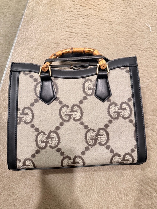 Gucci Beige GG Canvas Tote with Black Trim and Bamboo Handles - Picture 3 of 5